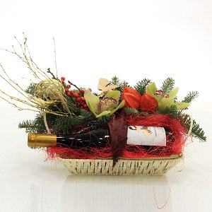 Basket with fir and wine