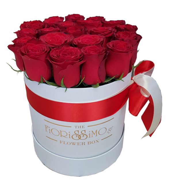 Κουτί με 21 κόκκινα τριαντάφυλλα L- Λευκό
