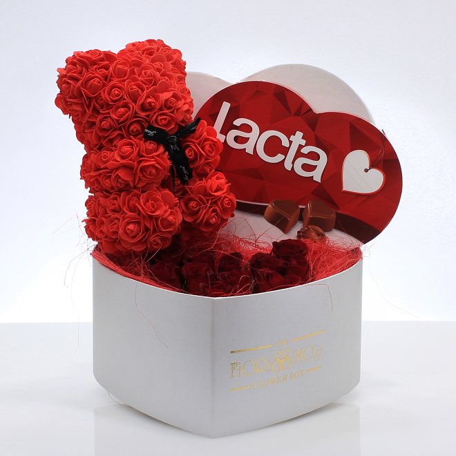 Heart box with roses, latex bear and chocolates