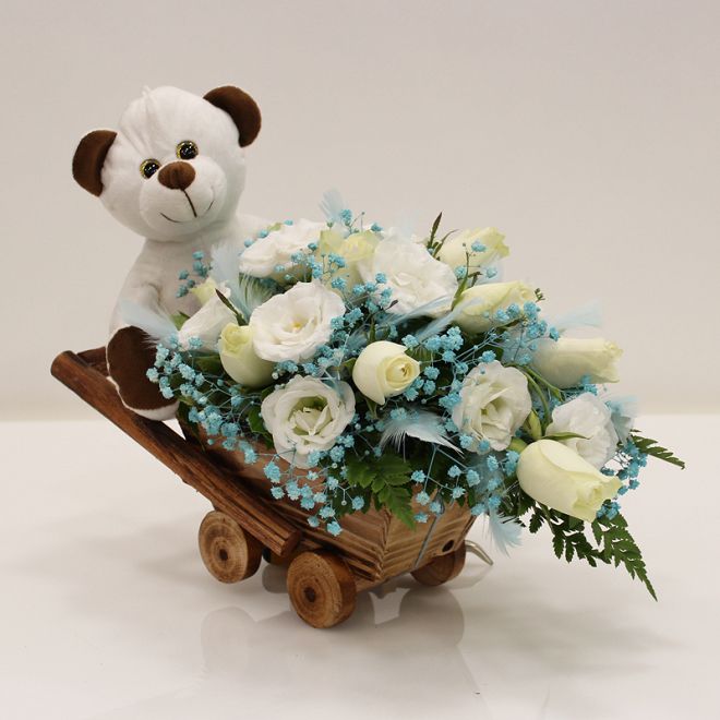 Wooden trolley with teddy (blue or pink)