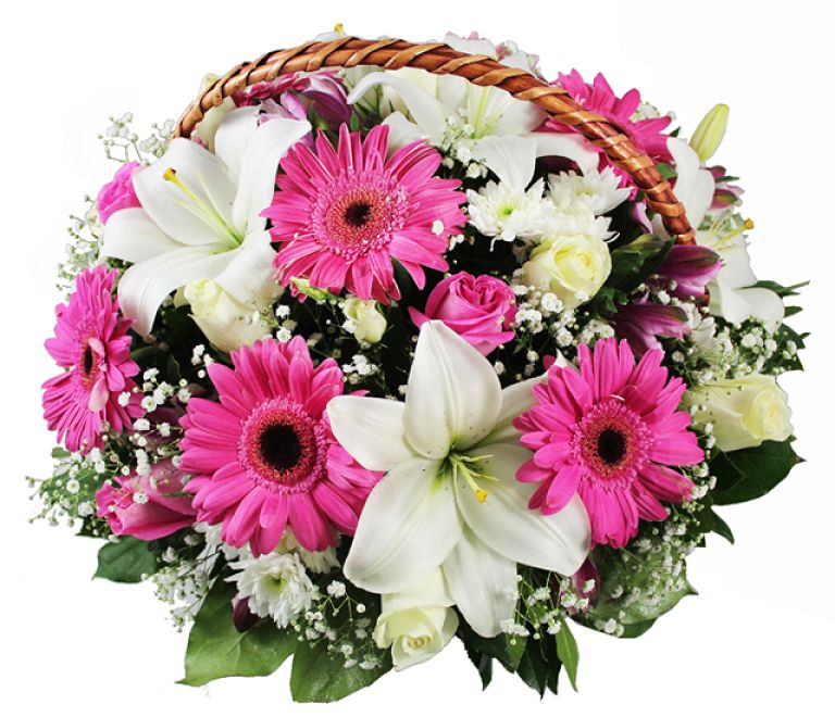 Basket With Flowers In Pink Colours