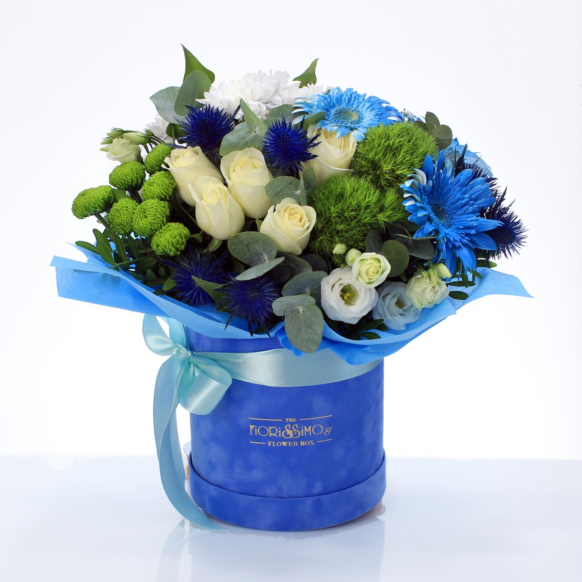 White and blue flowers in velvet box!