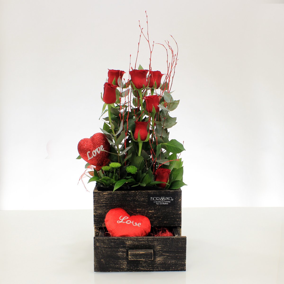 Red roses and wooden base!