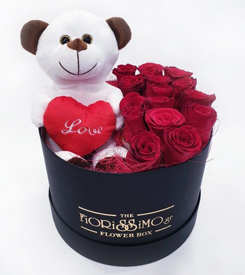 Μαύρο κουτί με κόκκινα τριαντάφυλλα και αρκουδάκι