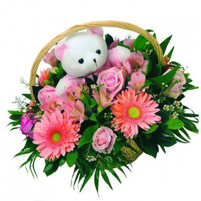 Basket Of Pink Flowers with Teddy!