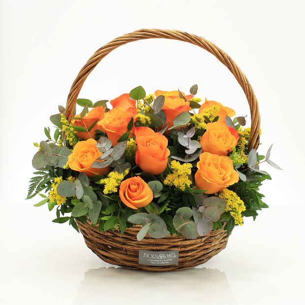 Basket of warm color roses