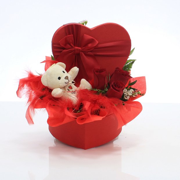 Heart box with roses and teddy!